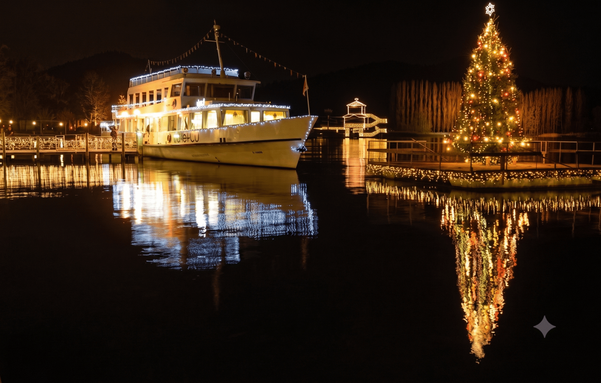 Beleuchtetes Boot und Weihnachtsbaum am Ufer eines Sees bei Nacht